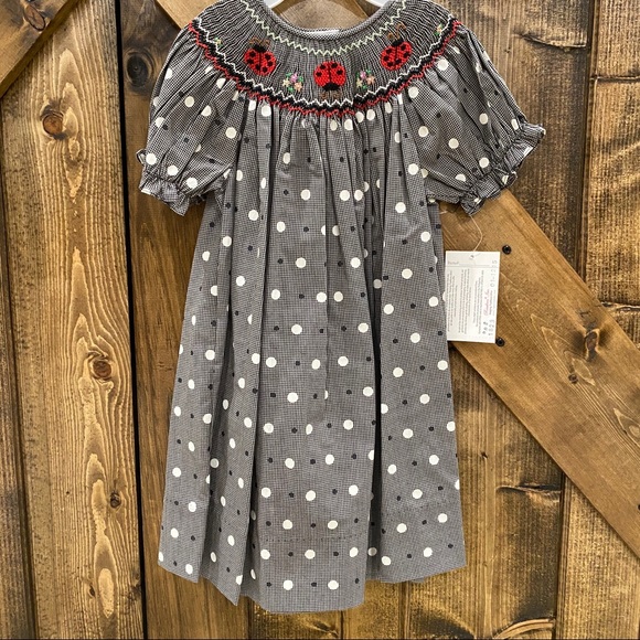 smocked polka dot dress
